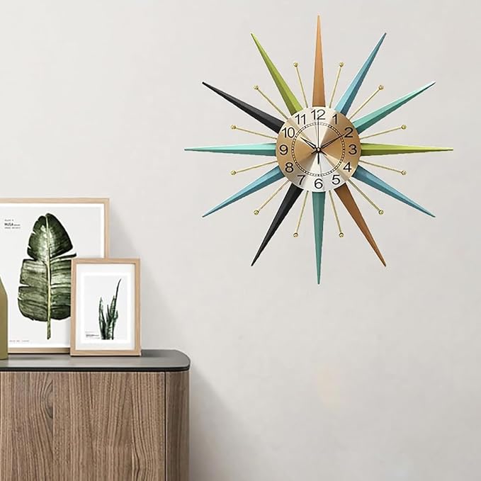 22 Inch Mid-Century Style Metal Crystal Wall Clock, Star-Shaped Silent