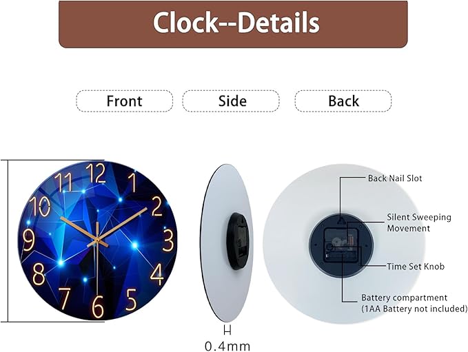 Blue Wall Clock Battery Operated 16 Inch Analog Glass Wall Clock Non Ticking