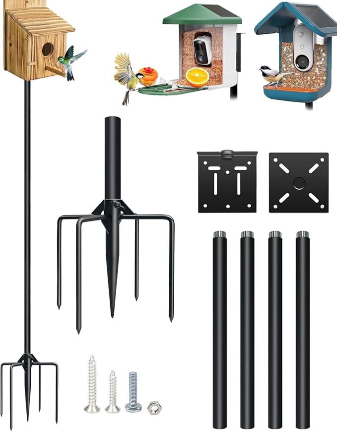 QwayHomeãNew Upgradeã 80In Smart Bird House Poles, 1Inch Dia Poles, Outdoor Bird Feeder Pole Mount Kit for Smart Bird Feeder & Wooden Birdhouse & Weather Station, Heavy Duty, Adjustable, 5-Prong Base