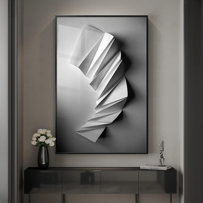 Framed Black and White Modern Elegant Abstract Wall Art, Large Contemporary