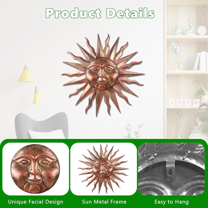 VEWOGARDEN Metal Sun Wall Decor 28" Large Outdoor Hanging Wall Art for Patio Farmhouse Garden Living Room Bedroom Decorations, Copper