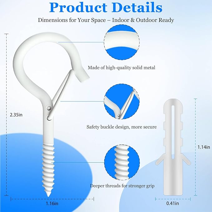 24 Pack White Screw Hooks with Safety Buckle - 2.3 Inch Rustproof Eye Ceiling Hooks for Hanging Plants,Outdoor String Lights,Baskets,Christmas Lights & Decor,40lb Capacity (24, White)