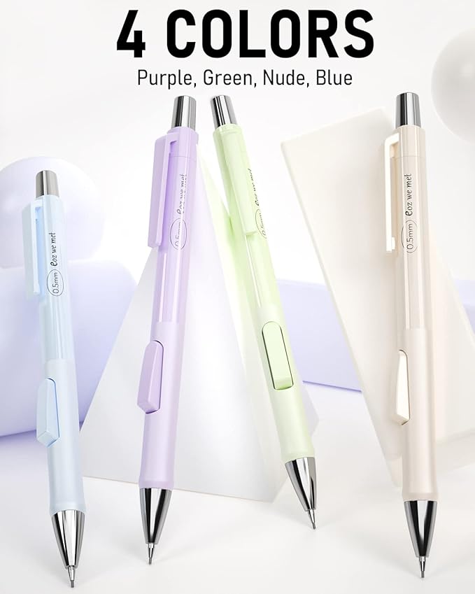 Nicpro 4PCS Pastel Mechanical Pencil 0.5mm, Cute Fast Click Mechanical Pencils Set with 100PCS HB Lead Refills, Erasers and Eraser Refills, Aesthetic School Supplies for Writing, Drawing, Sketching