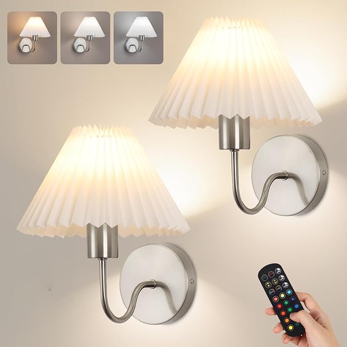 Wireless Wall Sconce Sets of 2, Pleated Shades Rechargeable Battery Operated