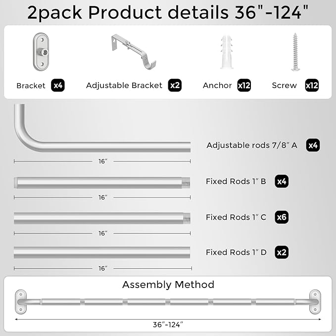 2 Pack Curtain Rods 36-120 Inch, Living Room, Sliding Door