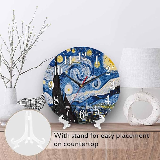 Mxocom The Starry Night Wall Clock Art Oil Painting Moon Mountain Village Van