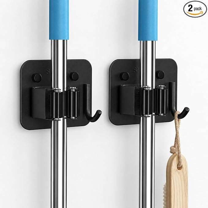 2 Pack Broom Holder Wall Mount, 304 Stainless Steel Mop Organizer with Hooks, No Drill Adhesive and Screw Installation, Rust Proof Storage Rack for Garage, Laundry, Garden, Black