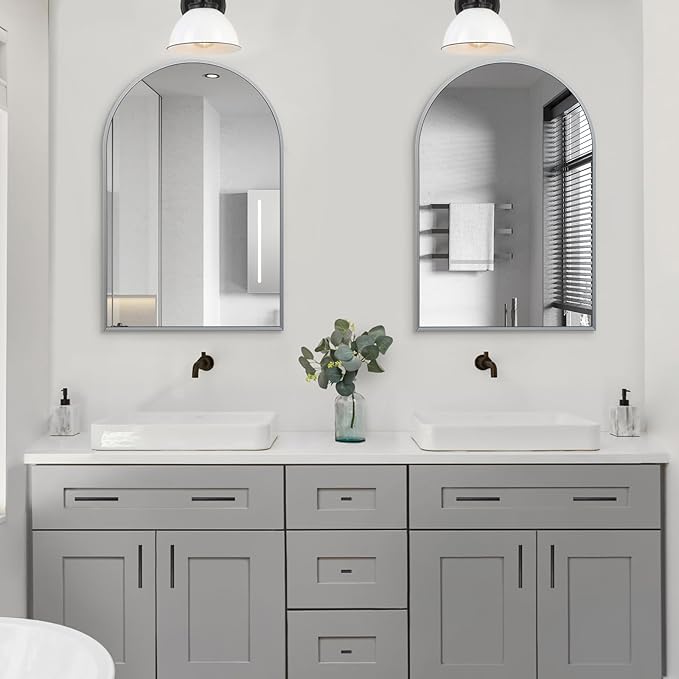 24" x 36" Silver Arched Mirror, Modern Aluminum Alloy Metal Frame, Arch