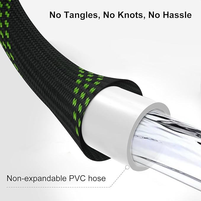 Non-Expandable Garden Hose 100FT – Heavy Duty No-Kink Flexible Water Hose with 10-Function Spray Nozzle, Solid Brass Fittings, Leakproof Design, Hanger & Washers – for Outdoor Use