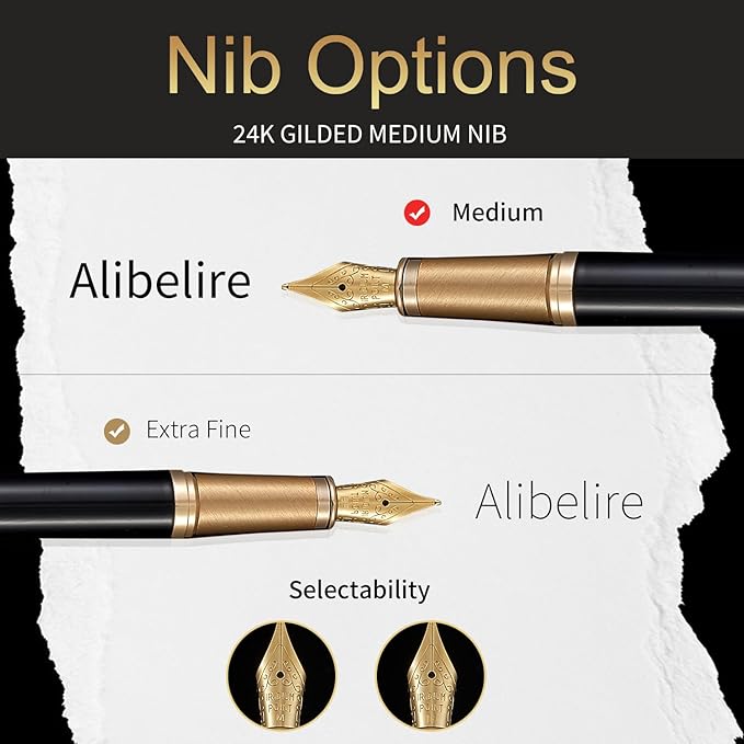 HDDNB Black Luxury Fountain Pen Set for Men and Women with Gift Box, 24K Gold Finish and Gilded Nib(Medium) with 5 Black Ink Cartridges and Converter