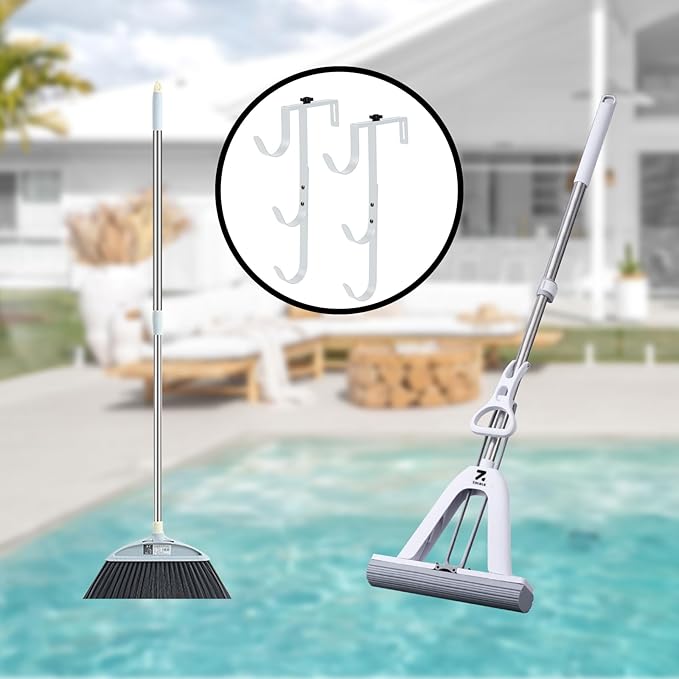 2Pcs White Pool Pole Hangers, Adjustable Heavy Duty Swimming Pool Fence Hooks for Pool Equipment, Skimmers, Leaf Rakes, Nets, Brushes, Vacuum Hose, Garden Tool Organizer