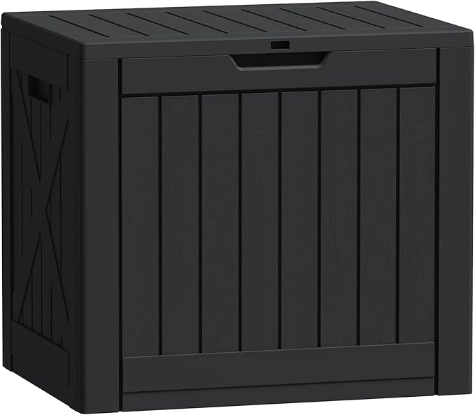 Flamaker Resin Deck Box 40 Gallon Waterproof Outdoor Indoor Storage Box Imitation Wood Resin for Patio Furniture Garden Tools and Pool (Black)