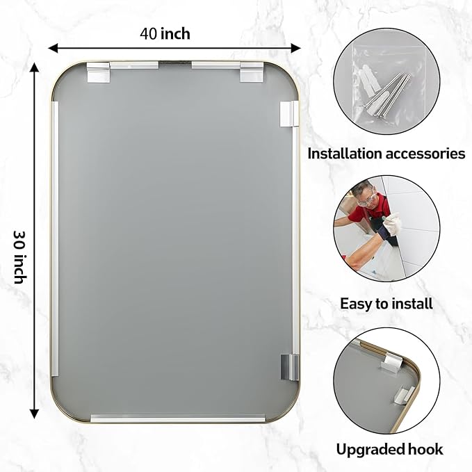 40x30 Inch Gold Bathroom Mirror, Brushed Gold Metal Framed Rectangular Mirror