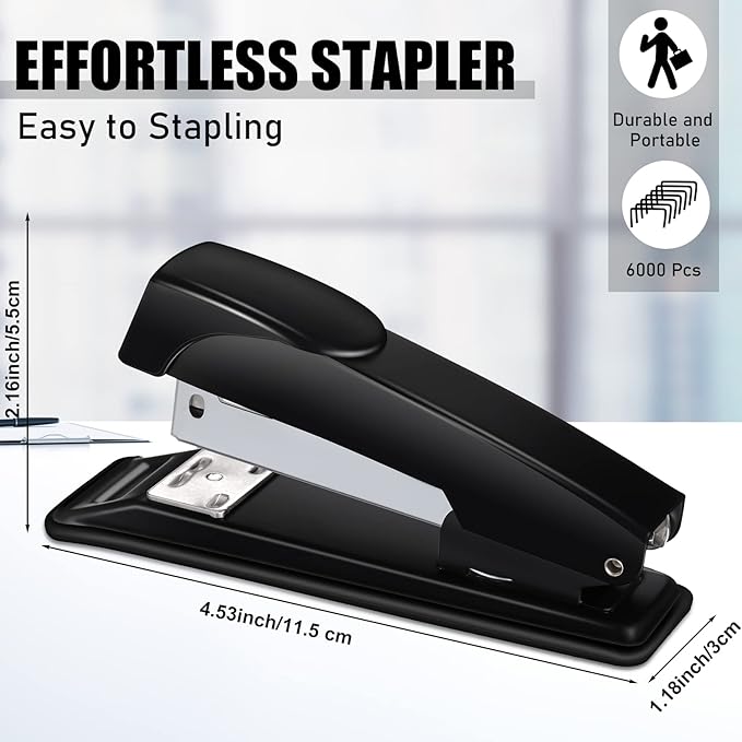 Thenshop 12 Pcs Desk Staplers Tape Dispensers Sets Black Staplers for Desktop Office with Standard Staples Black Holder with White Tape for Office School