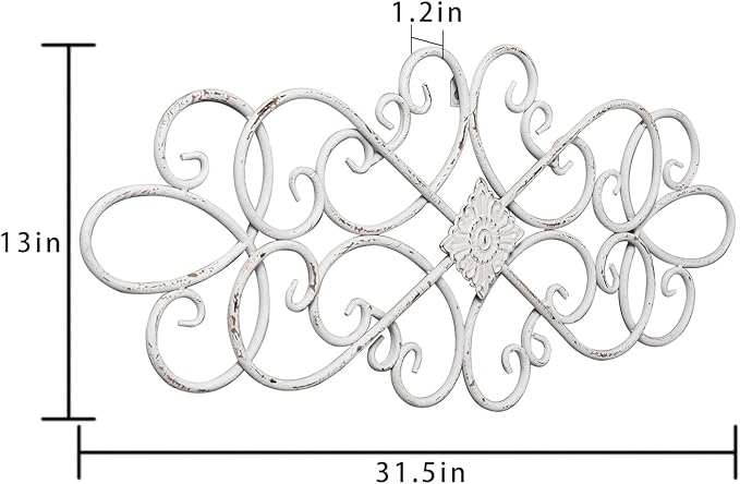 Sintosin White Flower Scroll Metal Wall Art Decor 32" x 13", Hanging Vintage Large Floral Wrought Iron Wall Decor, Farmhouse Wall Sculptures Decorations for Living Room Bedroom Indoor Outdoor