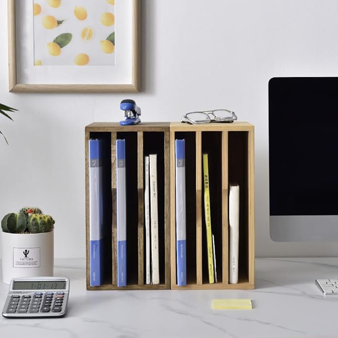 KIRIGEN Wooden Desktop Organizer Paper Storage Letter Tray File Sorter - Desk Rack Magazine File Dividers Holders for Home Office Accessories with 3 Layer Trays Dark Brown (3KWJG-DBR)