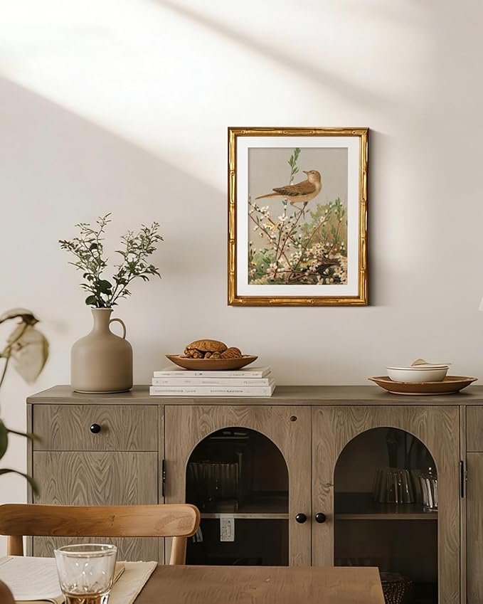 InSimSea Gold Bamboo Framed Canvas Wall Art, Spring Bird on Branch Paintings