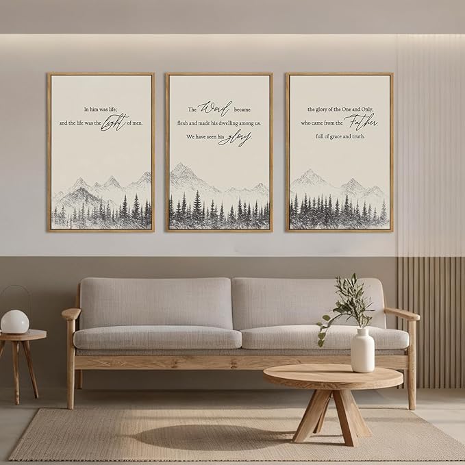 IARTTOP Large Christian Easter Framed Wall Art 16x24 Inch Neutral Mountain Forest Canvas Wall Decor Jesus Bible Verse Catholic Biblical Scripture Prints for Prayer room Living room Set of 3