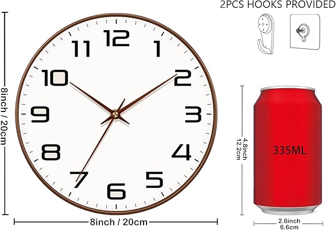 Woodgrain Wall Clock–Silent Non-Ticking Wall Clocks Battery Operated 8 Inch