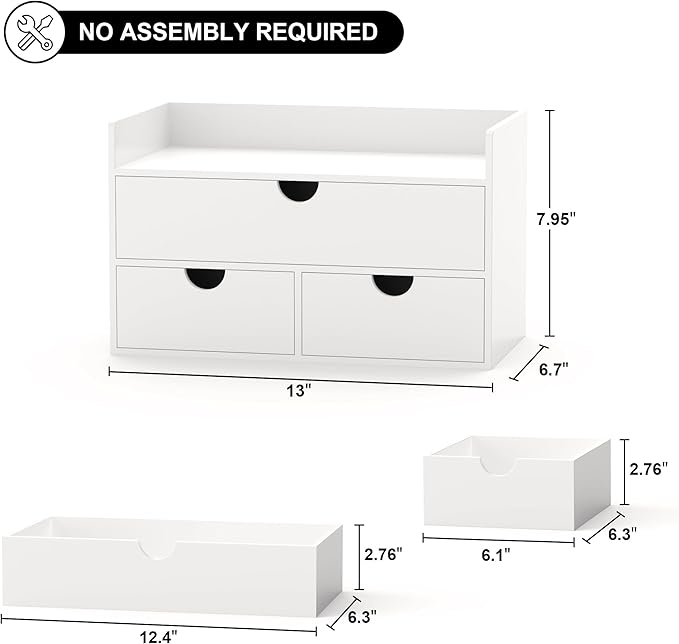 Bamboo Desk Organizer with Drawers Desktop Storage Drawers for Bills Office Supplies Kitchen Utensils Organizing Tool for Home Classroom Organization No Assembly (White with Shelf)