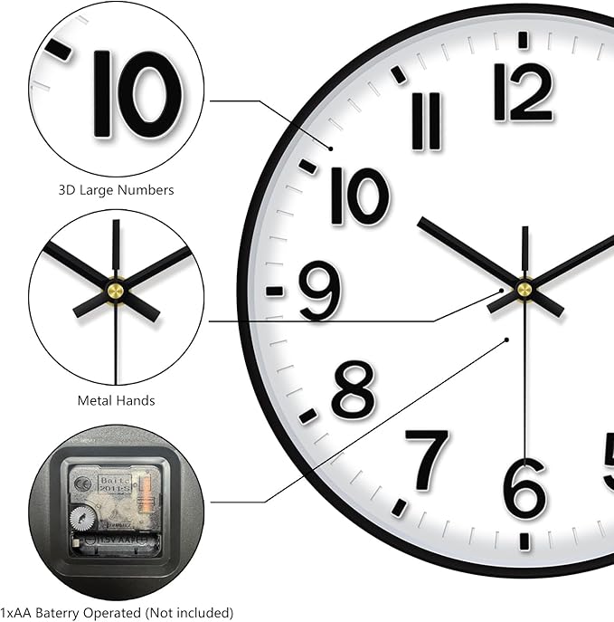 Modern Wall Clock, 10 Inch Digital Wall Clocks Battery Operated, Round Non