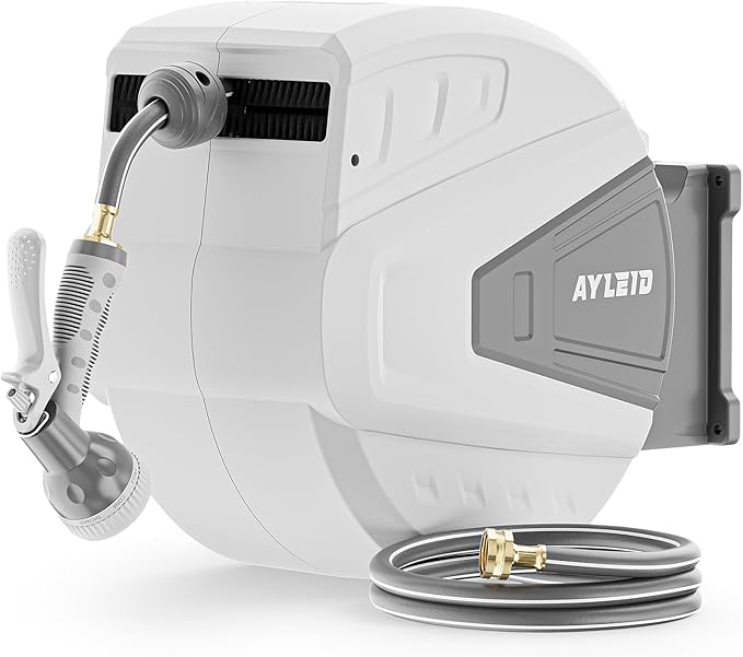 Ayleid Retractable Garden Hose Reel,1/2 in x 130 ft Wall Mounted Hose Reel, with 9- Function Sprayer Nozzle, Any Length Lock/Slow Return System/Wall Mounted/180Â°Swivel Bracket (Grey)