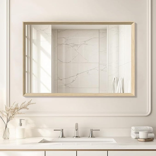Oak Wood Effect Framed Wall Mirror, 24x36 Rectangle Mirror, Anti-desilvering