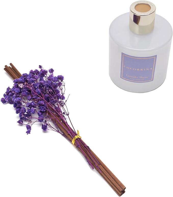 Cocorrína Premium Reed Diffuser Set with Preserved Baby's Breath & Cotton Stick Lavender Thyme | 6.7oz Scent Fragrance Lavender Oil Diffuser for Bedroom Bathroom Home Décor