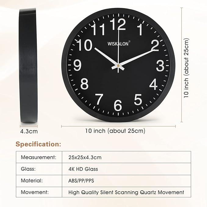 WISKALON 10 inch Wall Clock, Silent Non-Ticking Elegant Black Frame Wall Clock