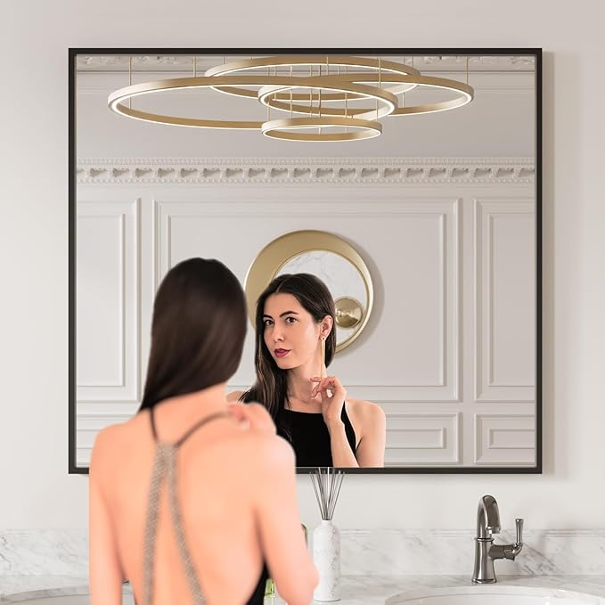LOAAO 40"X36" Black Rectangle Bathroom Mirror Wall, Matte Black Aluminum Alloy