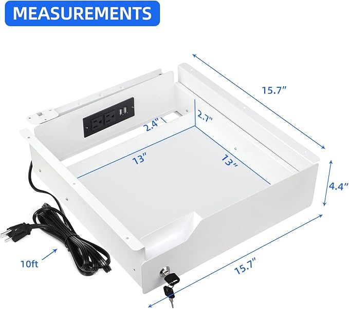 Lumil Under Desk Mounted Drawer Lockable with 3 Prong Extension Cord 10 FT with Multiple Outlets and Foldable Cable Management Arm for Office Desk 15.7" (W) x 15.7" (D) x 4.4" (H), White