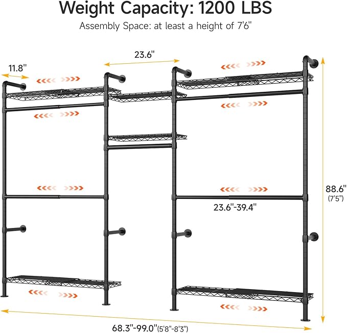 ONBRILL H3 Plus Expandable Wall Mounted Closet System, 5.7FT-8.2FT Closet