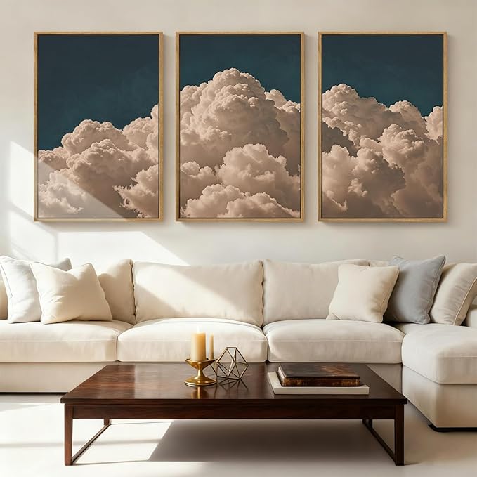 IARTTOP Extra Large Navy Blue Cloud Wall Art 24x36 Inch Framed Abstract Modern Landscape Canvas Wall Decor Minimalist Sky Painting Set of 3 for Bedroom Living Room Office