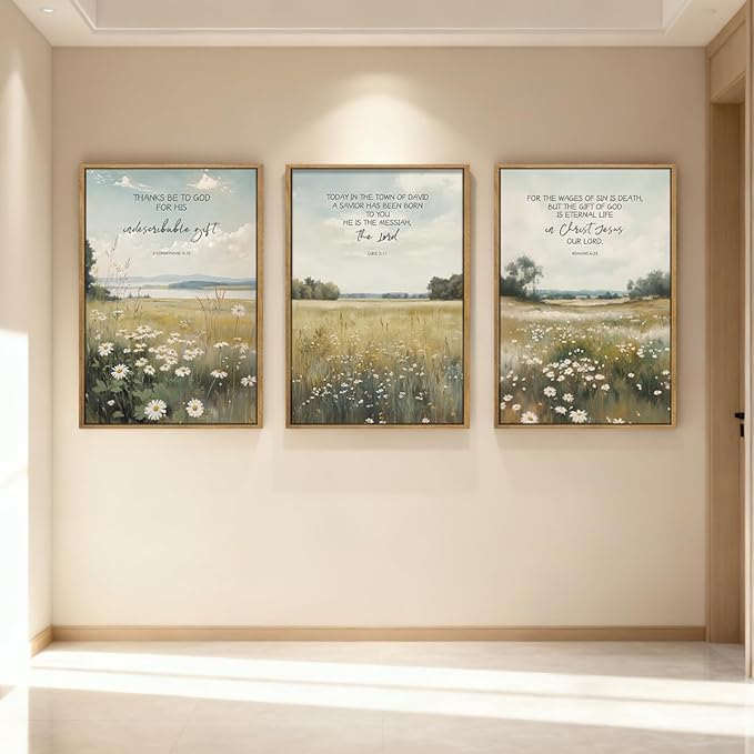 Anyzal Large Christian Framed Wall Art 16x24 Inch Bible Scripture Canvas Wall Decor Easter Farmhouse Wildflower Paintings Set of 3 for Living Room Bedroom Dining Room