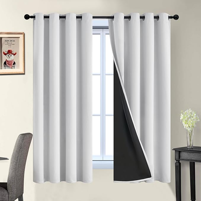Yakamok 100% Blackout Curtains 63 Inches Long, 2 Thick Layers Heat and Full