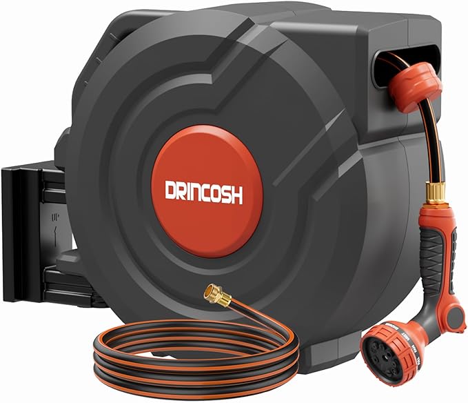 Upgraded Retractable Garden Hose 5/8 in x 90 ft Heavy Duty Wall-Mounted Hose Reel 180Â°Swivel Automatic Slow Return Any Length Lock 9 Pattern Nozzle UV Resistant (Black)