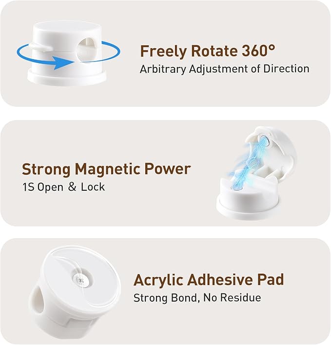 AGPTEK 8 Pack Magnetic Cable Clips, Upgraded 360° Rotatable Cord Holder Clips for Nightstand, Desk Cord Organizer Adhesive Wire Management Home Office Phone Charging Cords USB Cable Keeper (White)