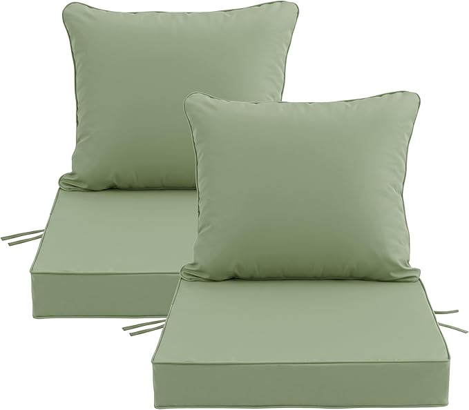 22x22 Inch Patio Chair Cushions Set of 2, Outdoor Furniture Cushions - Removable Cover, Water-Repellent, Fade-Resistant, Non-Slip Bottom & Straps, Replacement for Lawn, Porch & Deck Chair - Sage Green