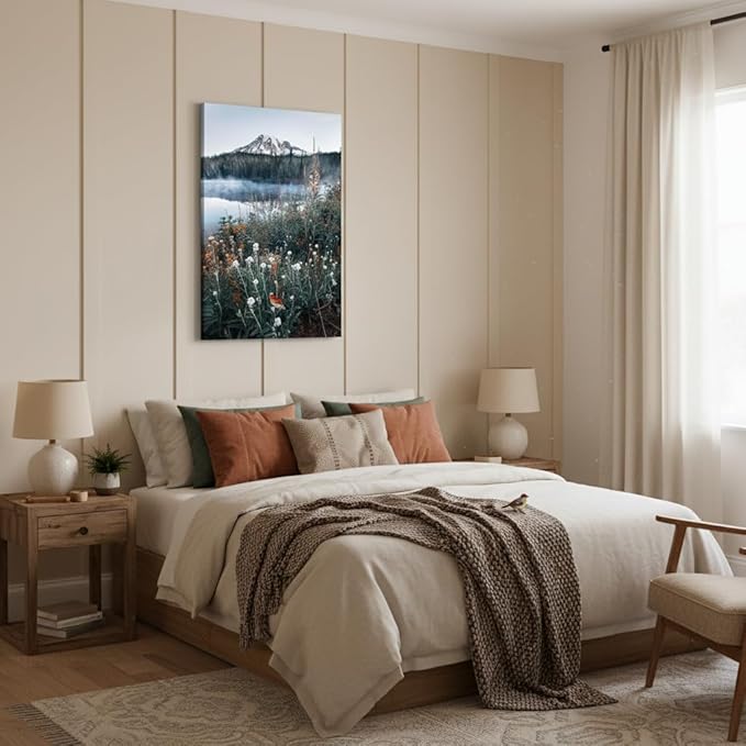 Nature Landscape Canvas Wall Art: Bedroom Home Lake Mountain Scene Picture Decor Modern Foggy Forest Scenic Print Painting Wildflower Natural Artwork for Living Room Office 24 x 36 Inch