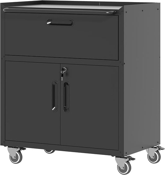 Metal Storage Cabinet with Wheels, Lockable Garage Storage Cabinet with 2 Doors