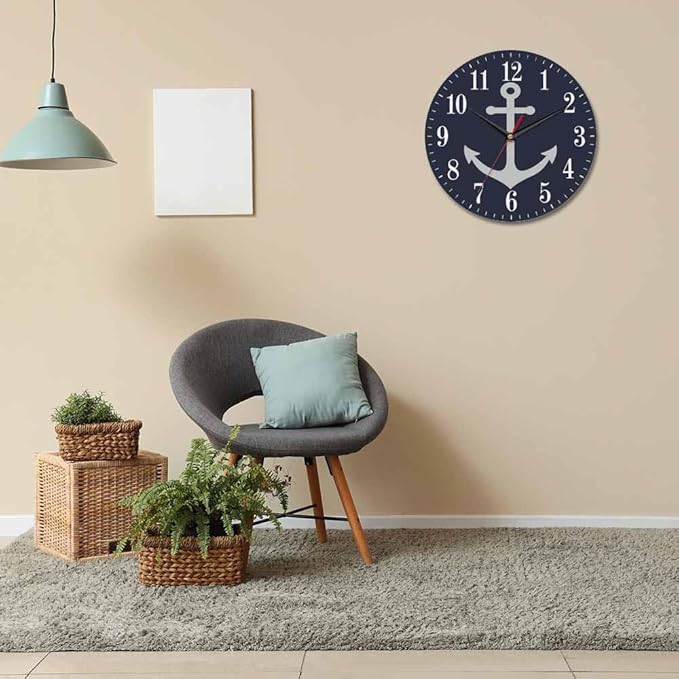 Mxocom Anchor Wall Clock Boat Anchor Marine Navigation Blue 10 Inch Silent Non