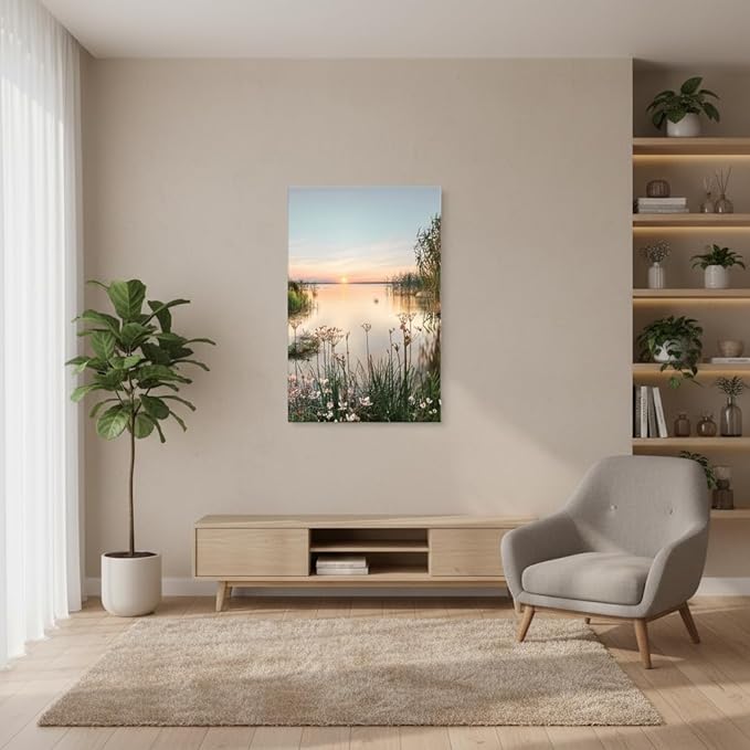 Lake Canvas Wall Art Picture: Sunset Landscape Painting Print Artwork Vertical Nature Scenery Decor for Living Room Bedroom