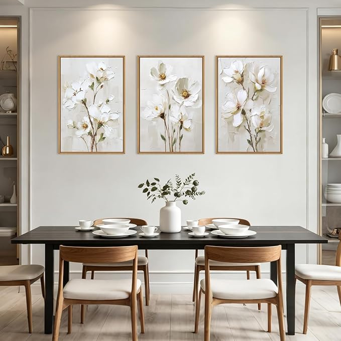 FWIEXA 3D Beige White Floral Canvas Wall Art Set 3,Texture Neutral Flower Framed Prints,Modern Abstract Aesthetic Botanical Paintings,16x24In Watercolor Minimalist Magnolia Artwork for Living Room,Bedroom,Office
