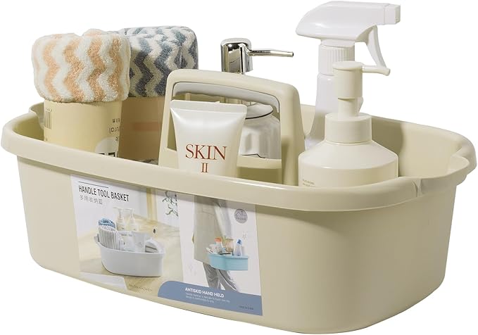 Large Cleaning Supplies Caddy Portable Shower Basket Supply Organizer with Handle Plastic Bucket Tool Storage for Bathroom, Bedroom, Kitchen, College Dorm, Garden, Beige