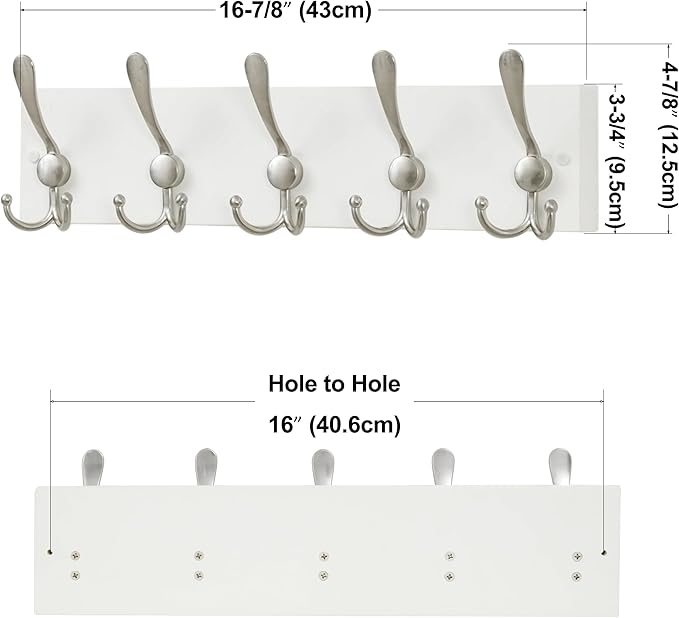 SKOLOO Creations White Solid Wood Wall Mounted Coat Rack, 5 Hooks, 16-7/8" Long
