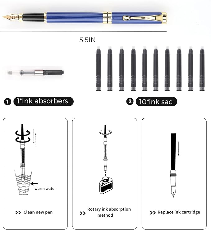Tiankool Luxury Fountain Pen,Fine Nib, Exquisite Pen Gift Set for Men&Women-Includes 10 Ink Cartridges&Ink Converter- Nice Pens - Blue