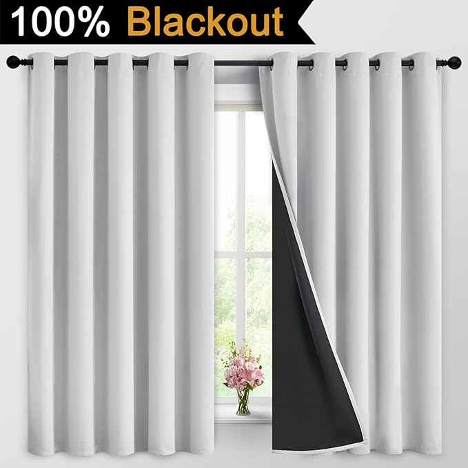 Yakamok 100% Blackout Curtains 63 Inches Long, 2 Thick Layers Heat and Full