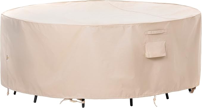F&J Outdoors Patio Furniture Covers Waterproof UV Resistant Rip-stop Fabric Large Outdoor Furniture Covers, Beige,110" Dia x 27.5" H
