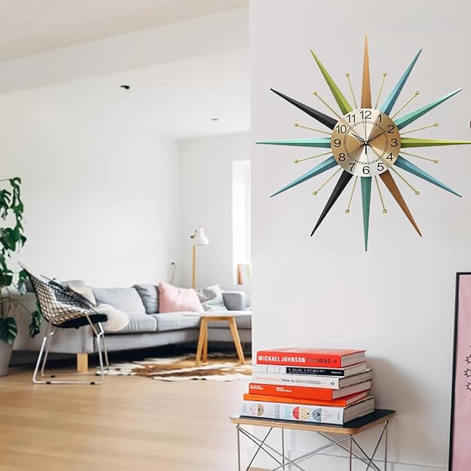 22 Inch Mid-Century Style Metal Crystal Wall Clock, Star-Shaped Silent