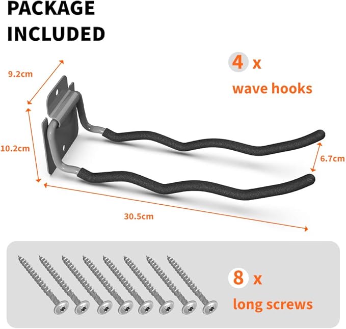 TORACK Garage Hooks Tool Organizer, 4 Pack Heavy Duty Steel 12" Wave Hooks